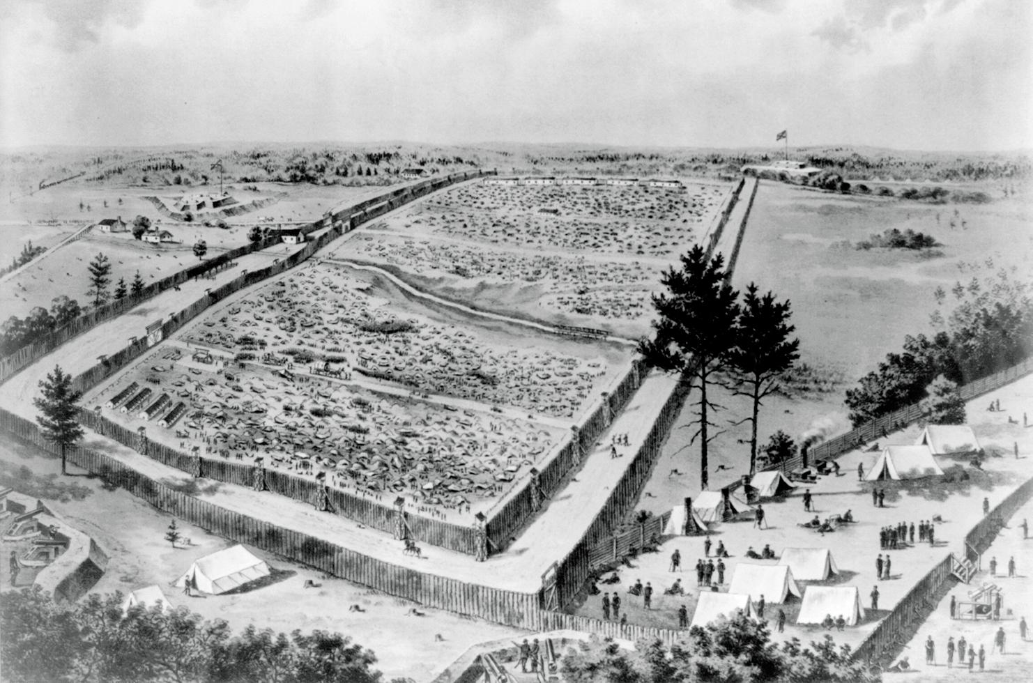 A black and white drawing of Andersonville Prison